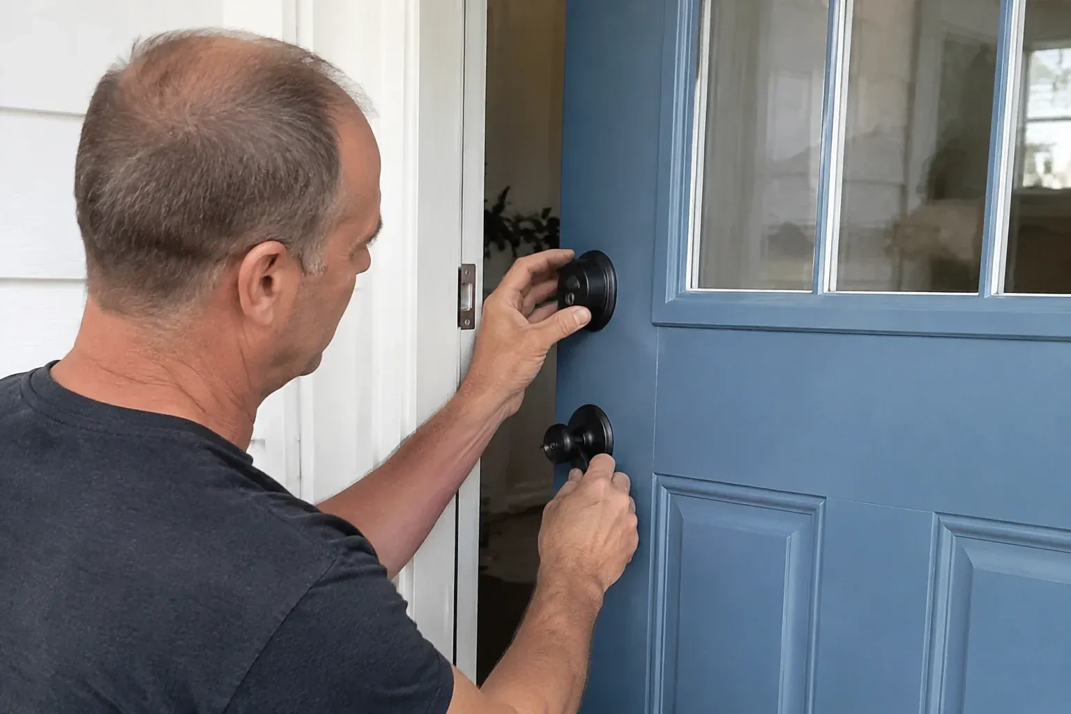 Person holding the black deadbolt and doorknob of a partly open blue front door. — Deadbolt Installation, Lincoln