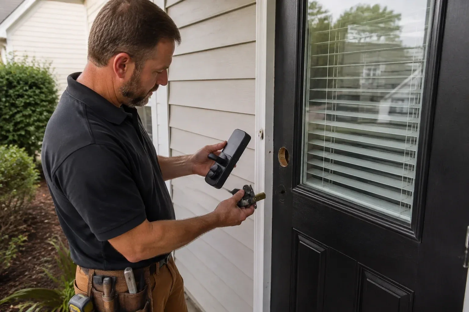 Person holding a black door-handle assembly and a latch beside a glazed door with exposed lock openings. — Smart Lock Installation, Lincoln