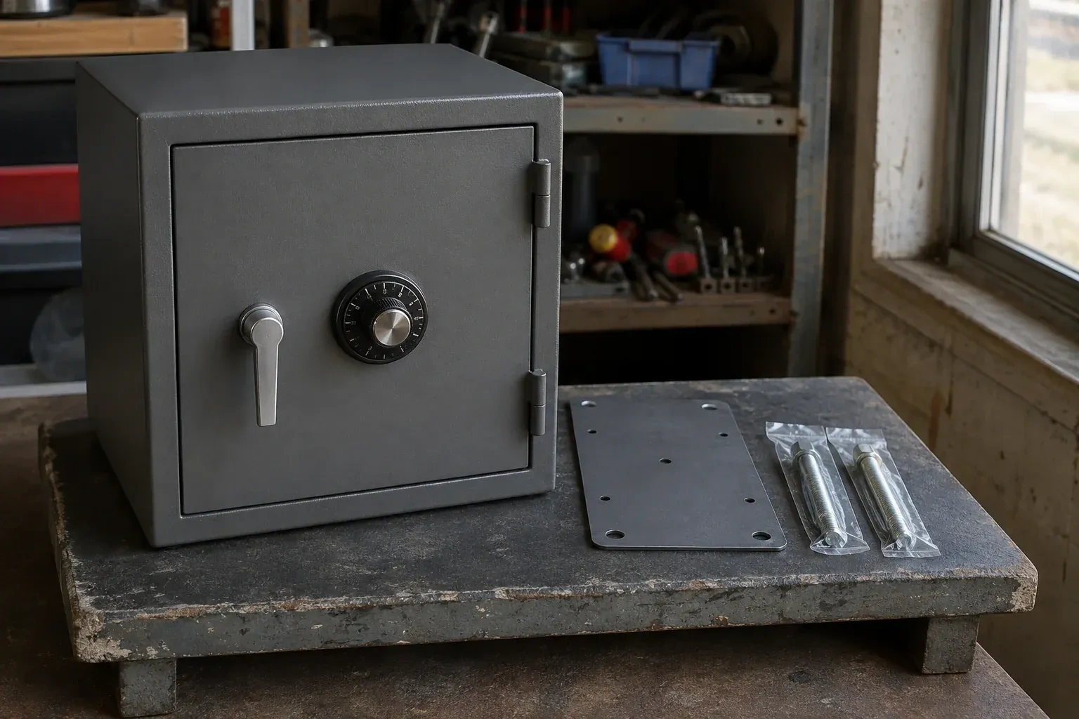 Closed small safe beside a metal plate and packaged fasteners on a workshop bench. — Safe Installation & Servicing, Lincoln