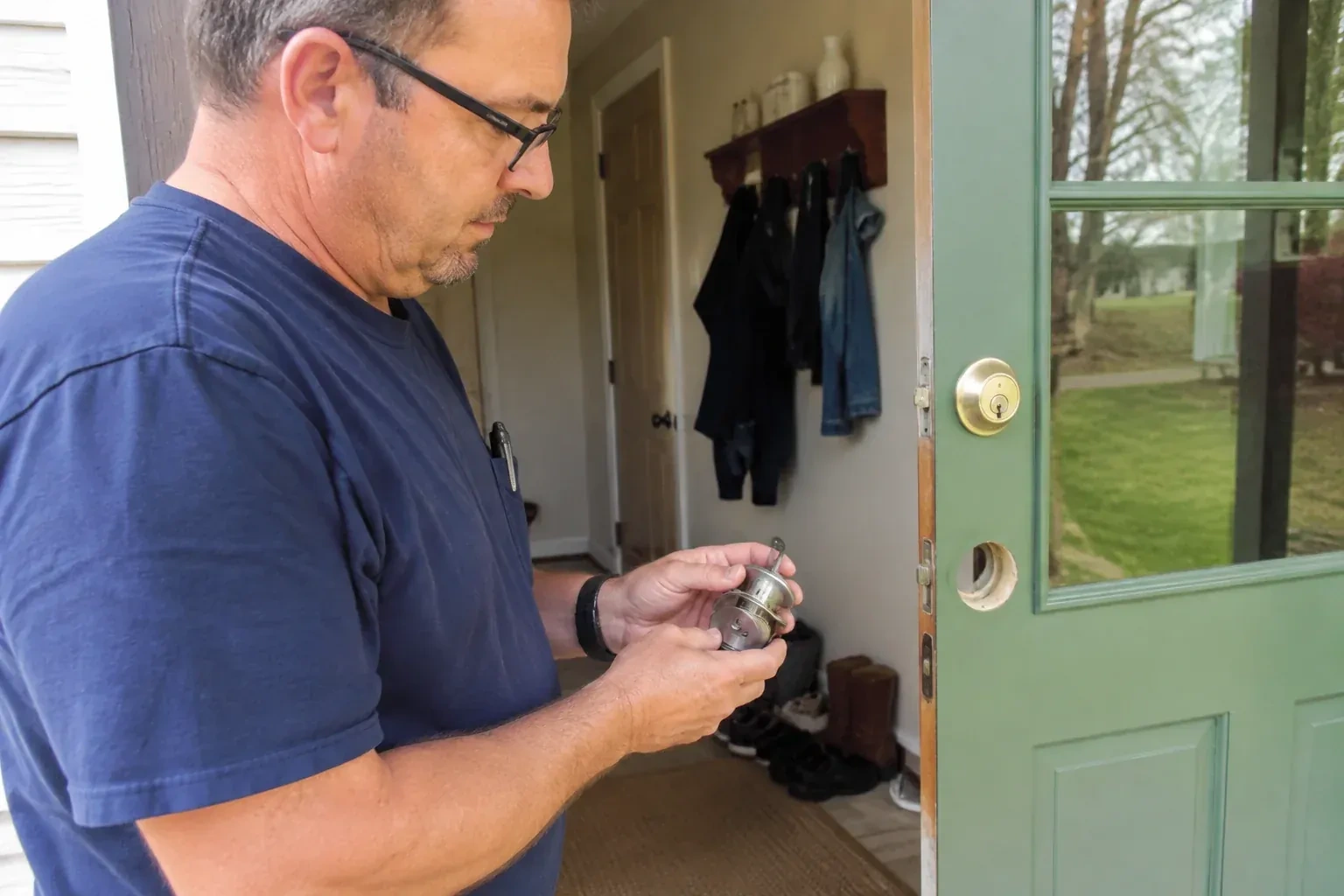 Person holding a cylindrical door-lock assembly beside an open green glazed door with its lower lock opening exposed. — Seized & Jammed Lock Opening, Lincoln