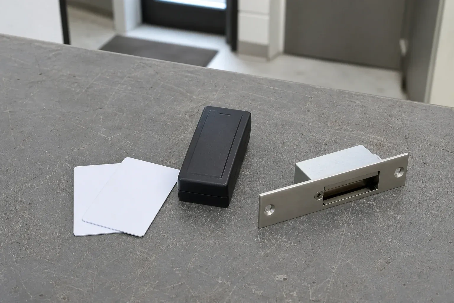 Detached card reader, two plain cards and an electric-strike component on a service bench. — Access Control Installation, Lincoln