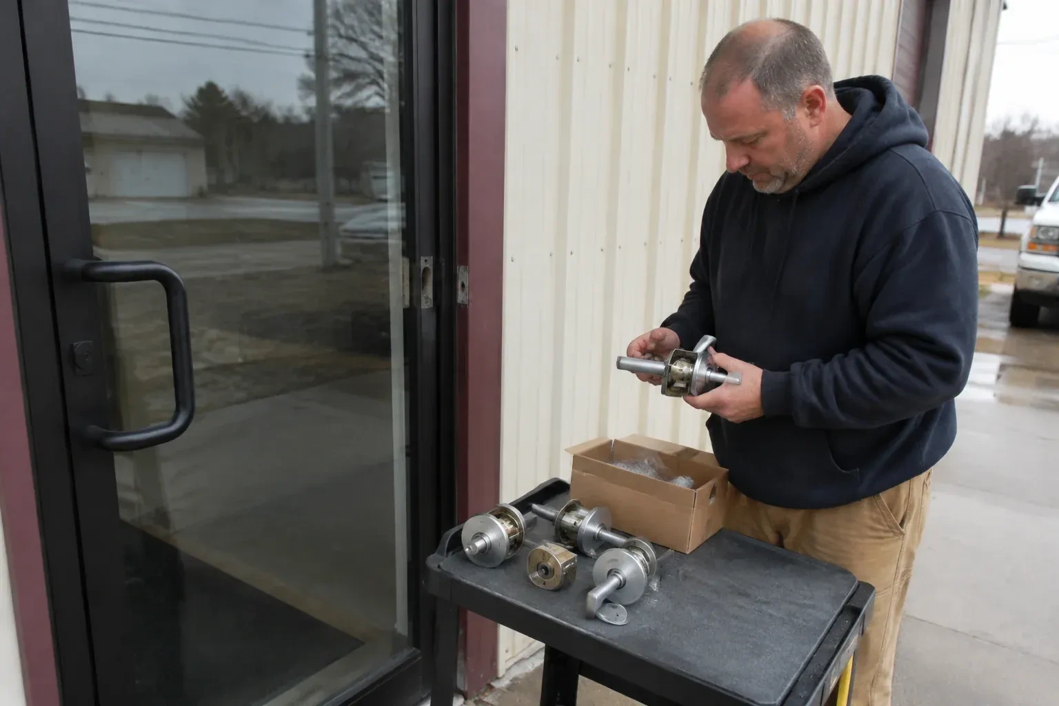 Person holding a door-handle assembly beside a glazed entrance, with more handle and lock components on a cart. — Commercial-Grade Lock Replacement, Lincoln