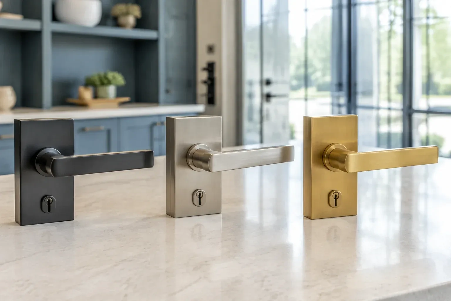 Three rectangular door-handle sets with keyholes in black, silver-colored and gold-colored finishes standing on a countertop. — Commercial Rekeying, Lincoln