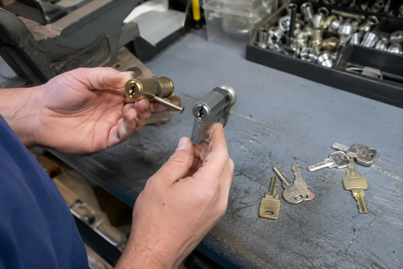 Hands comparing detached lock cylinders beside loose keys on a workbench. — Broken Key Extraction, Lincoln