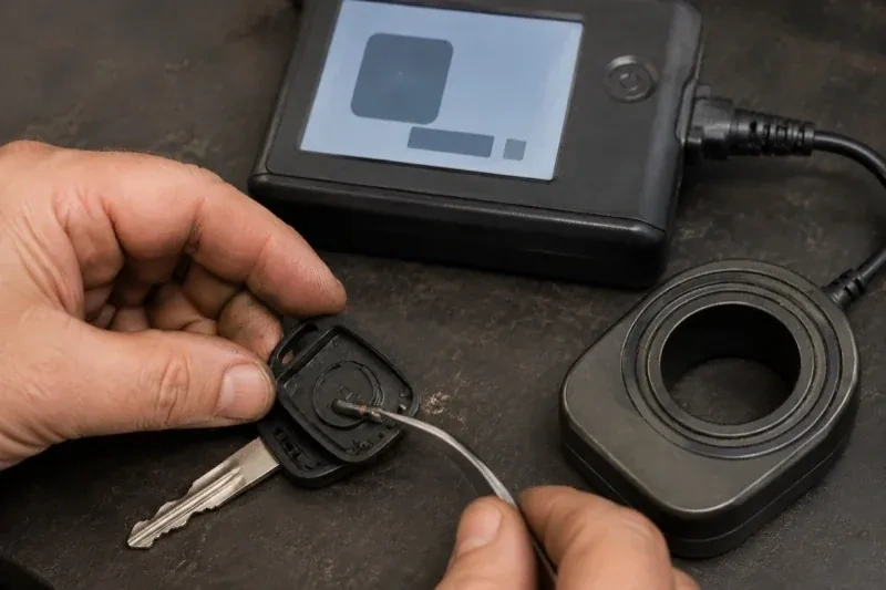 Hands using tweezers at an opened car-key head beside a small electronic unit and a ring-shaped accessory. — Transponder Key Programming, Lincoln