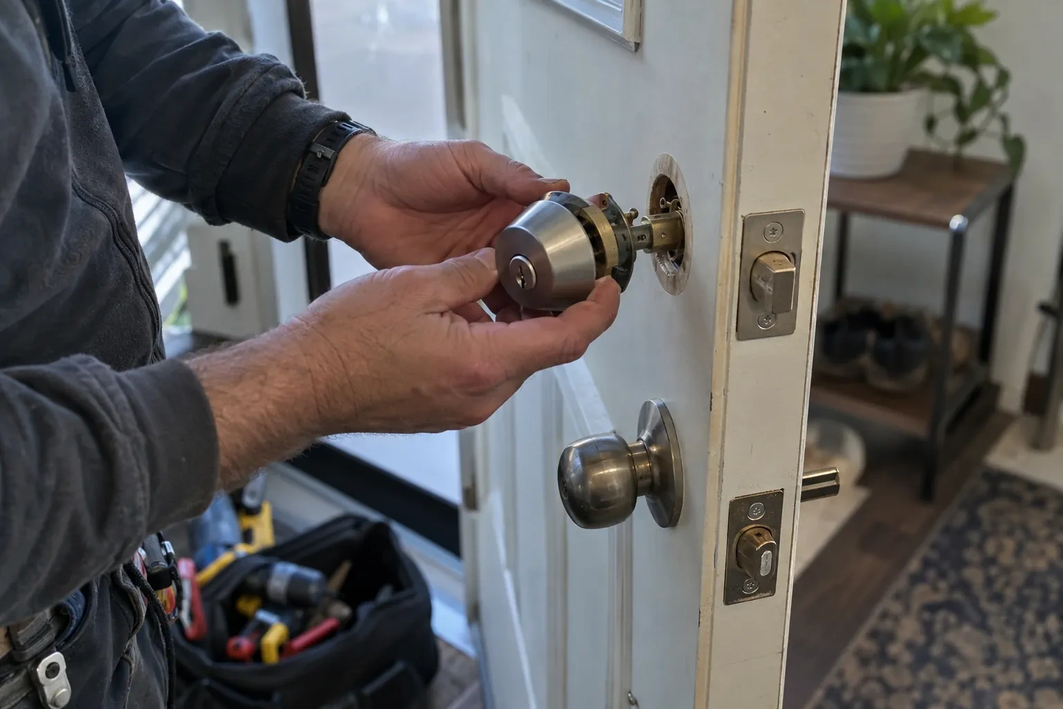 Hands lining up a steel deadbolt with the round bore in a white door above a knob, an open tool bag below. — Wellandport