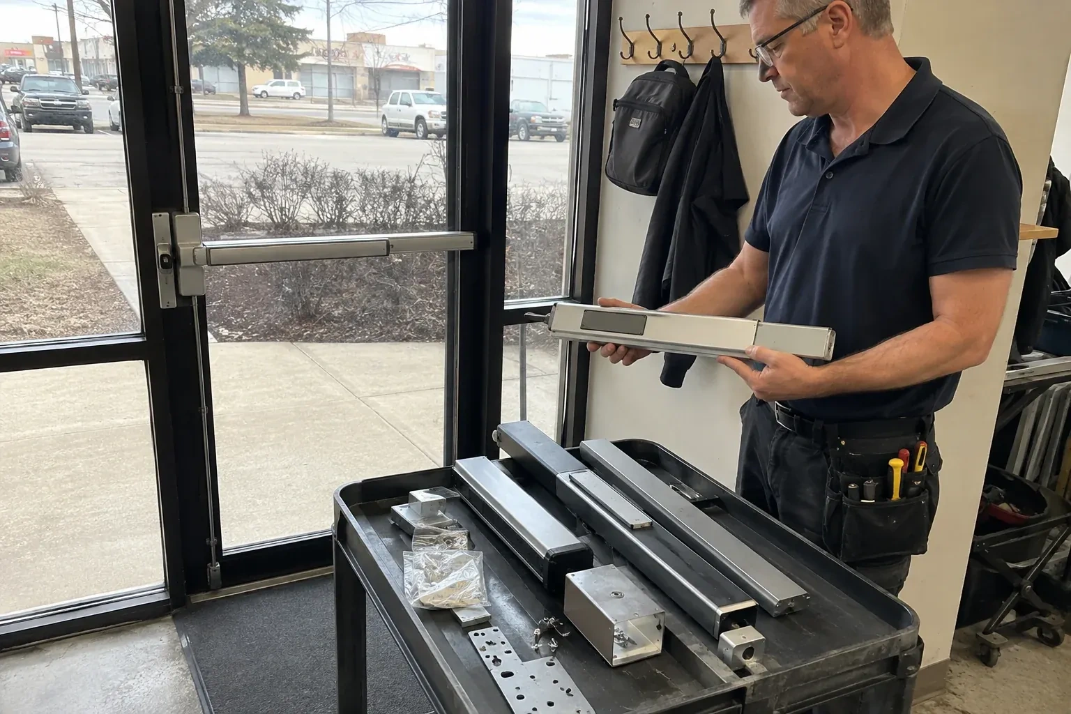 Person holding a long metal door-hardware assembly beside a cart of similar parts and a glass door fitted with a push bar. — Panic & Exit Hardware, Lincoln