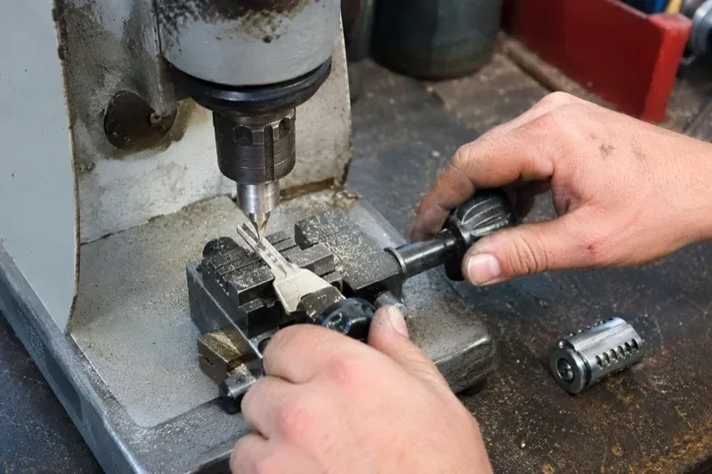 Hands operating a bench-mounted machine with a key clamped beneath a vertical cutter and a loose lock cylinder nearby. — Car Key Replacement, Lincoln