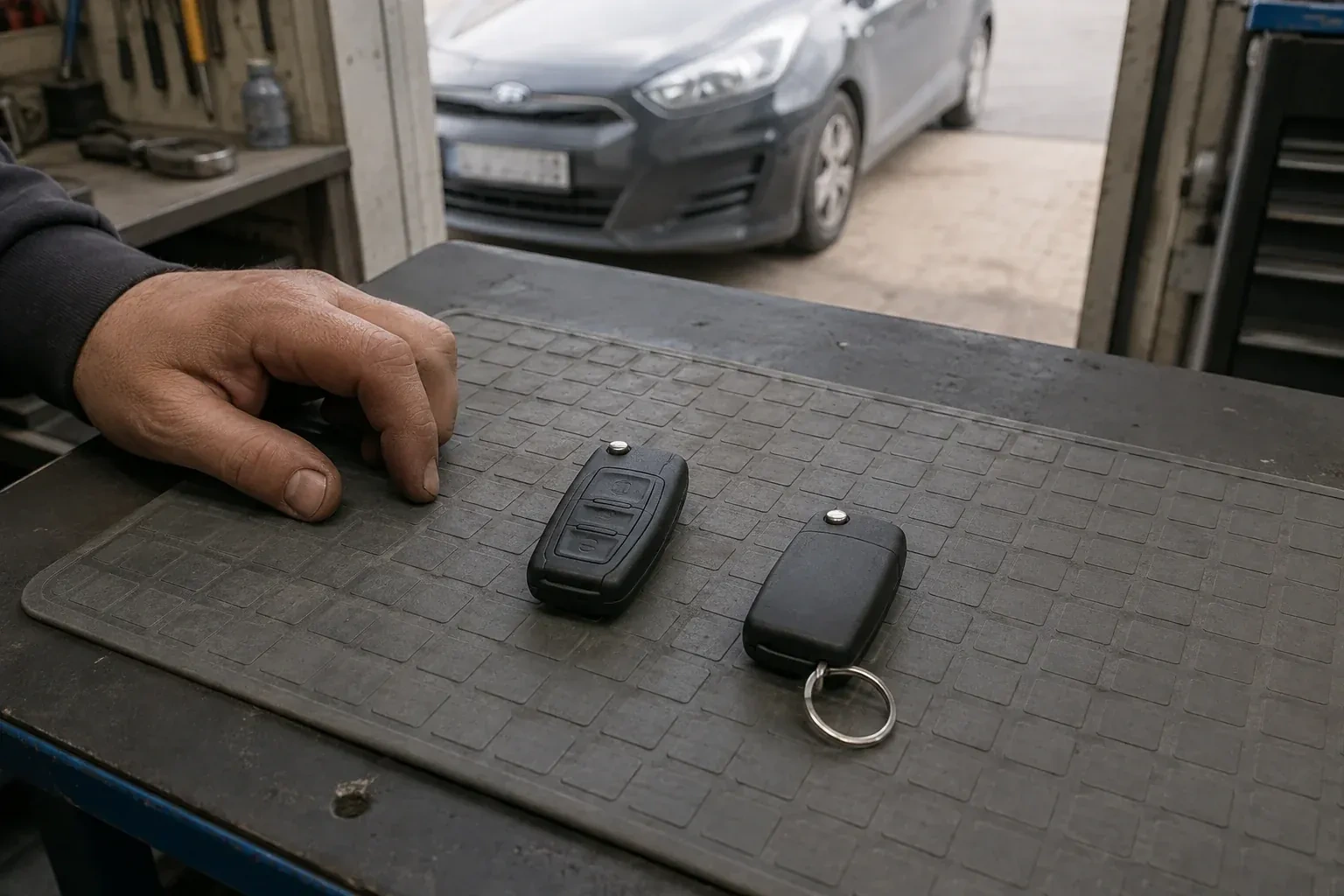 Two vehicle remote fobs on a work mat beside a technician’s hand, with a parked car beyond. — Key Fob Programming, Lincoln