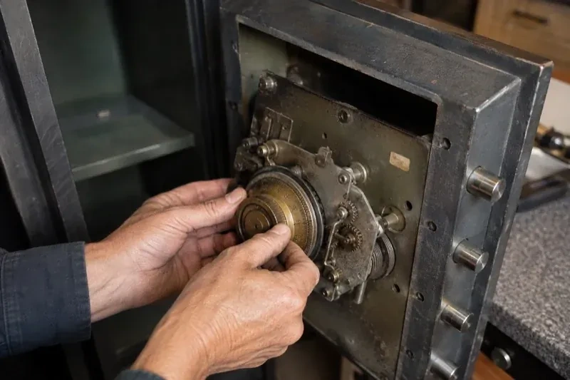 Hands holding a round metal component against the exposed mechanism inside an open safe door. — Safe Opening & Combination Change, Lincoln