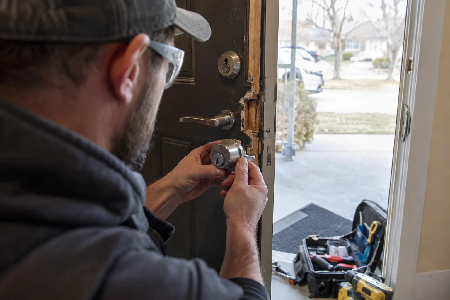 Technician in safety glasses holding a steel deadbolt with a keyway beside a splintered door edge and a tool case. — Vineland