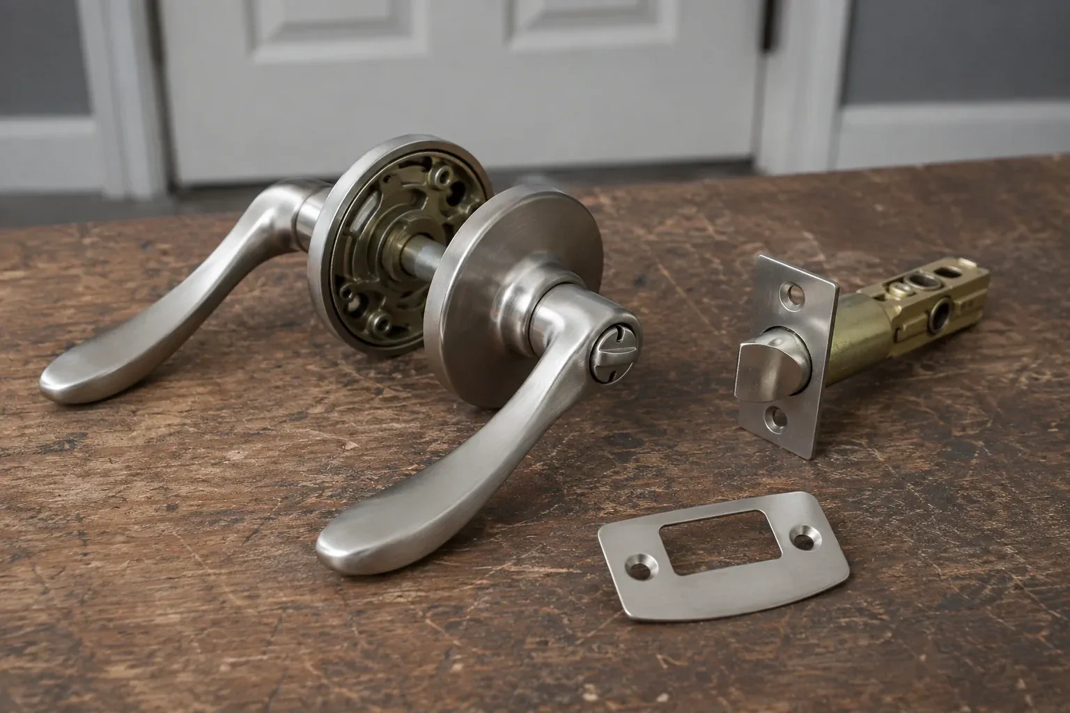 Detached satin-nickel lever hardware, tubular latch and strike plate on a wooden workbench. — Lock Replacement & Upgrade, Lincoln