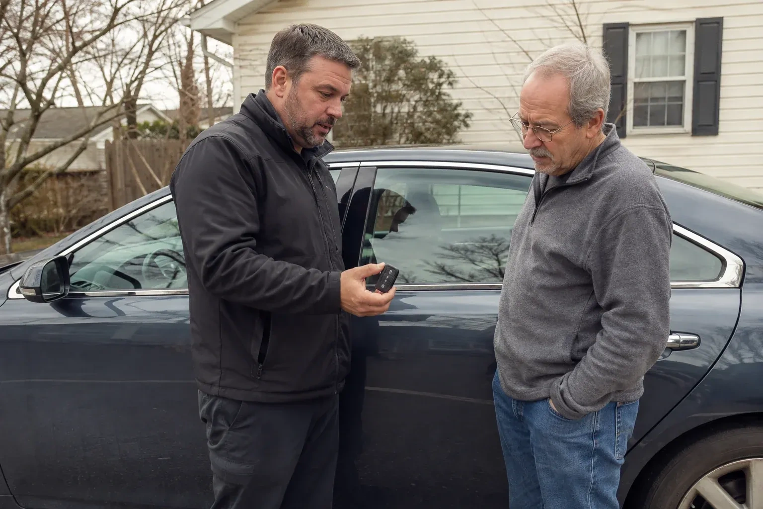 Two people beside a dark sedan, one holding up a black key fob. — Car Lockout Service, Lincoln