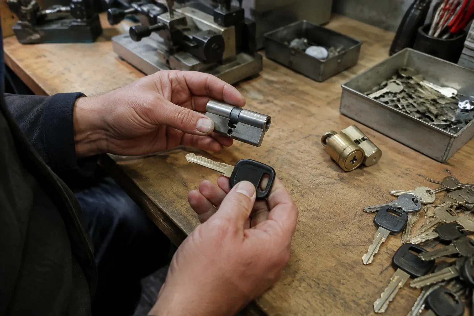 Hands holding a silver-colored lock cylinder and a black-headed key above a workbench with loose keys and another cylinder. — Spare Car Key Duplication, Lincoln
