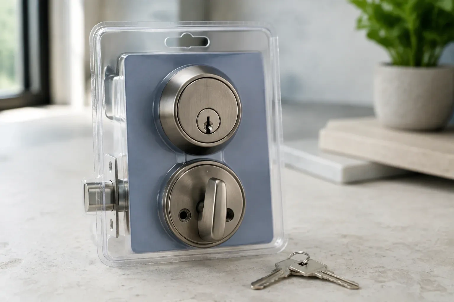 A silver-colored deadbolt set in clear packaging with two keys resting on the countertop in front. — Lock Rekeying, Lincoln