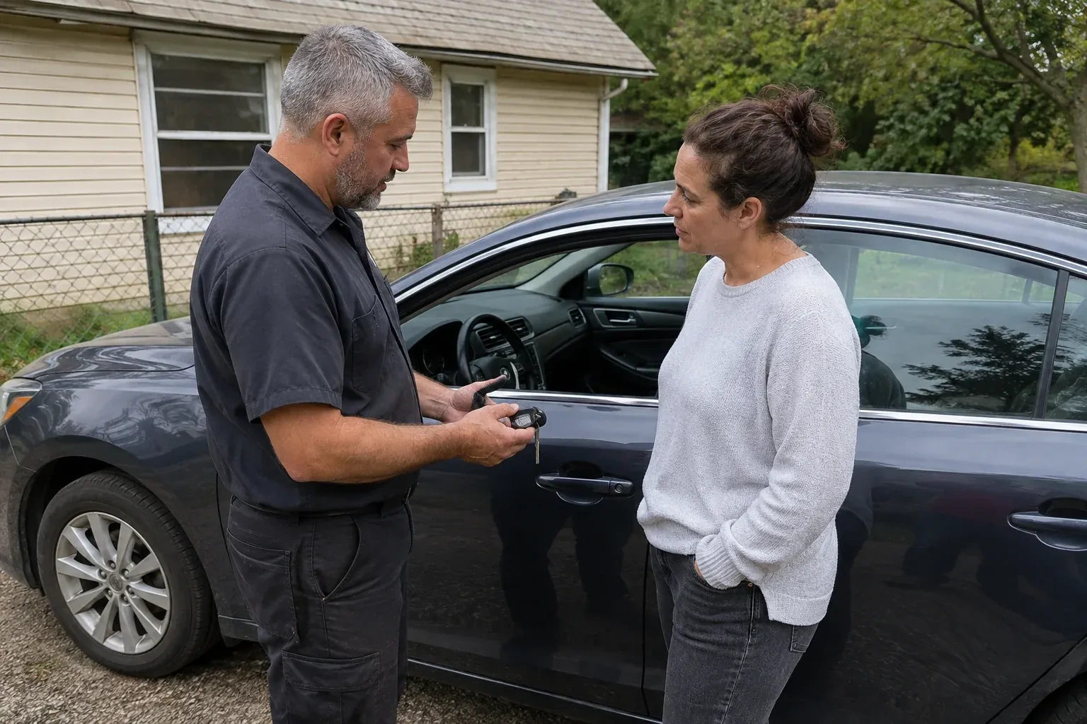 Two people standing beside a car with its window lowered, one holding a key and black key fob. — Ignition Lock Repair, Lincoln